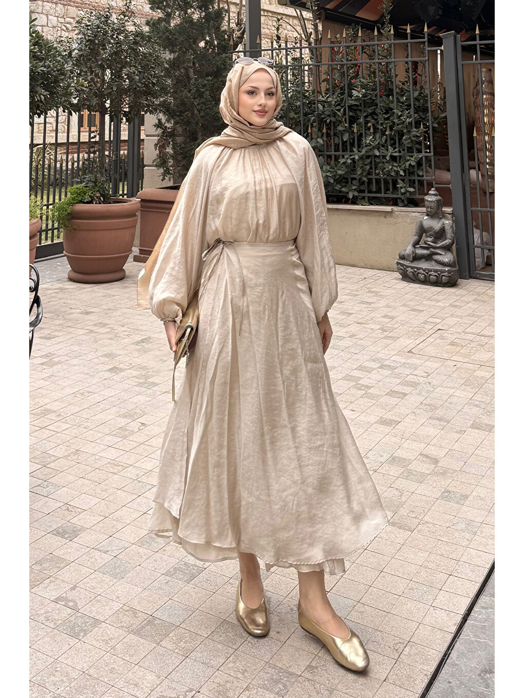 Kadın Tül Detay Pelerinli Etekli Takım Sarı-2