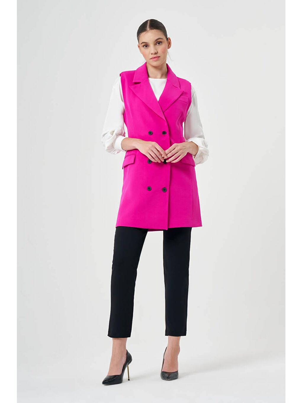 Kruvaze Uzun Fuşya Klasik Yelek-1