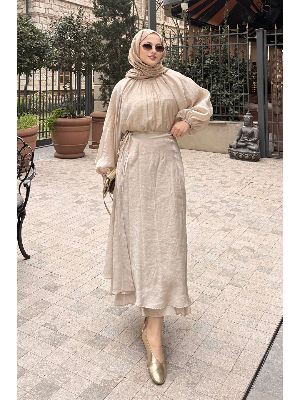 Kadın Tül Detay Pelerinli Etekli Takım Sarı-3