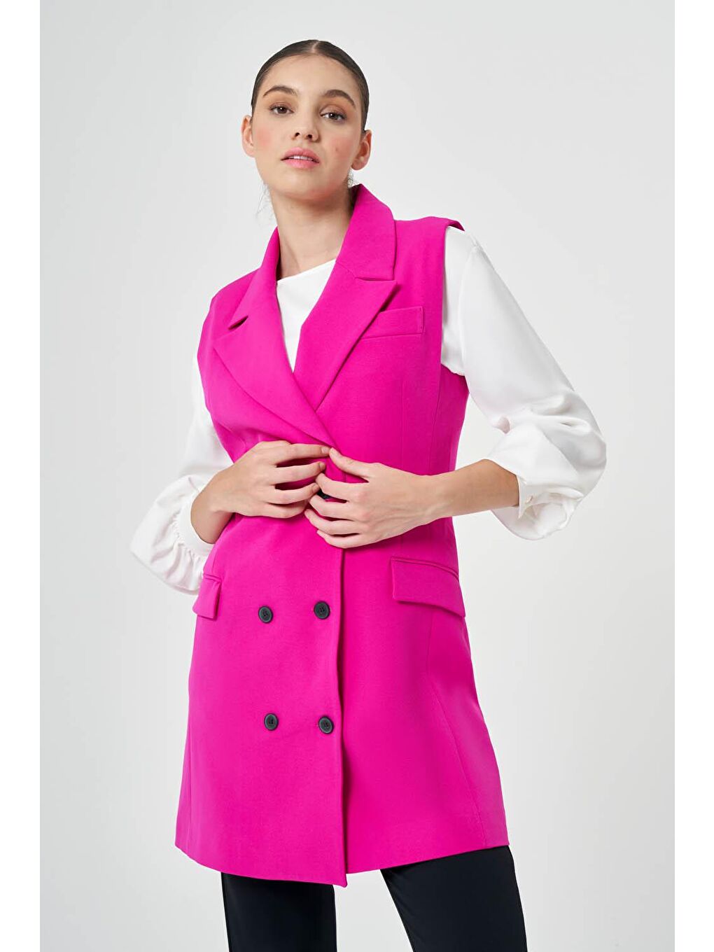 Kruvaze Uzun Fuşya Klasik Yelek-2