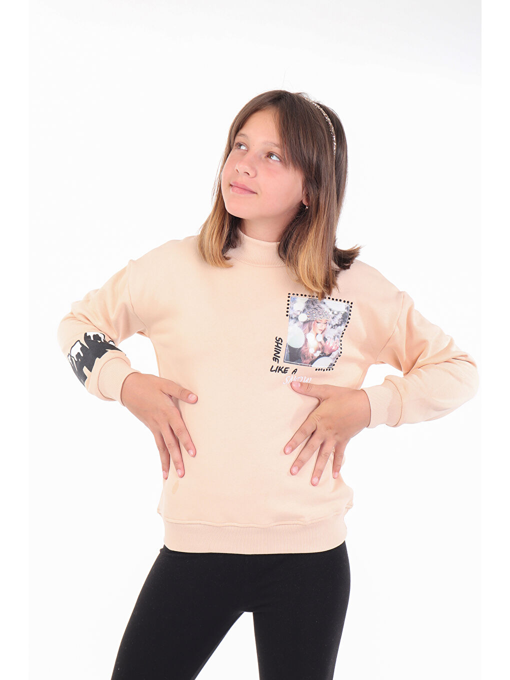 Toontoykids Bej Kız Çocuk Baskılı Nakışlı Sweatshirt