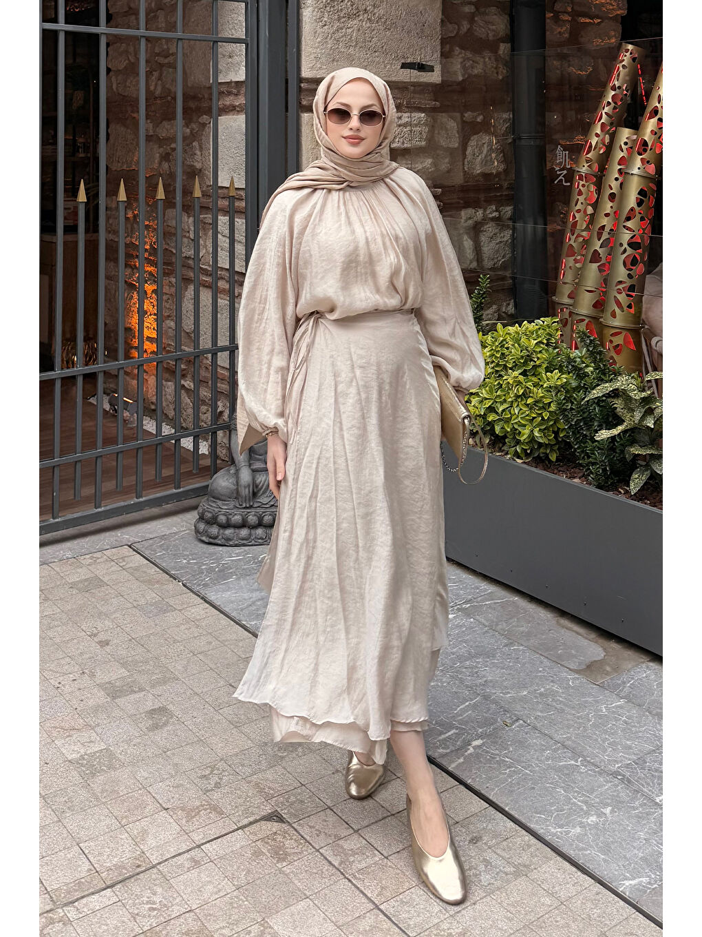 Kadın Tül Detay Pelerinli Etekli Takım Sarı-4