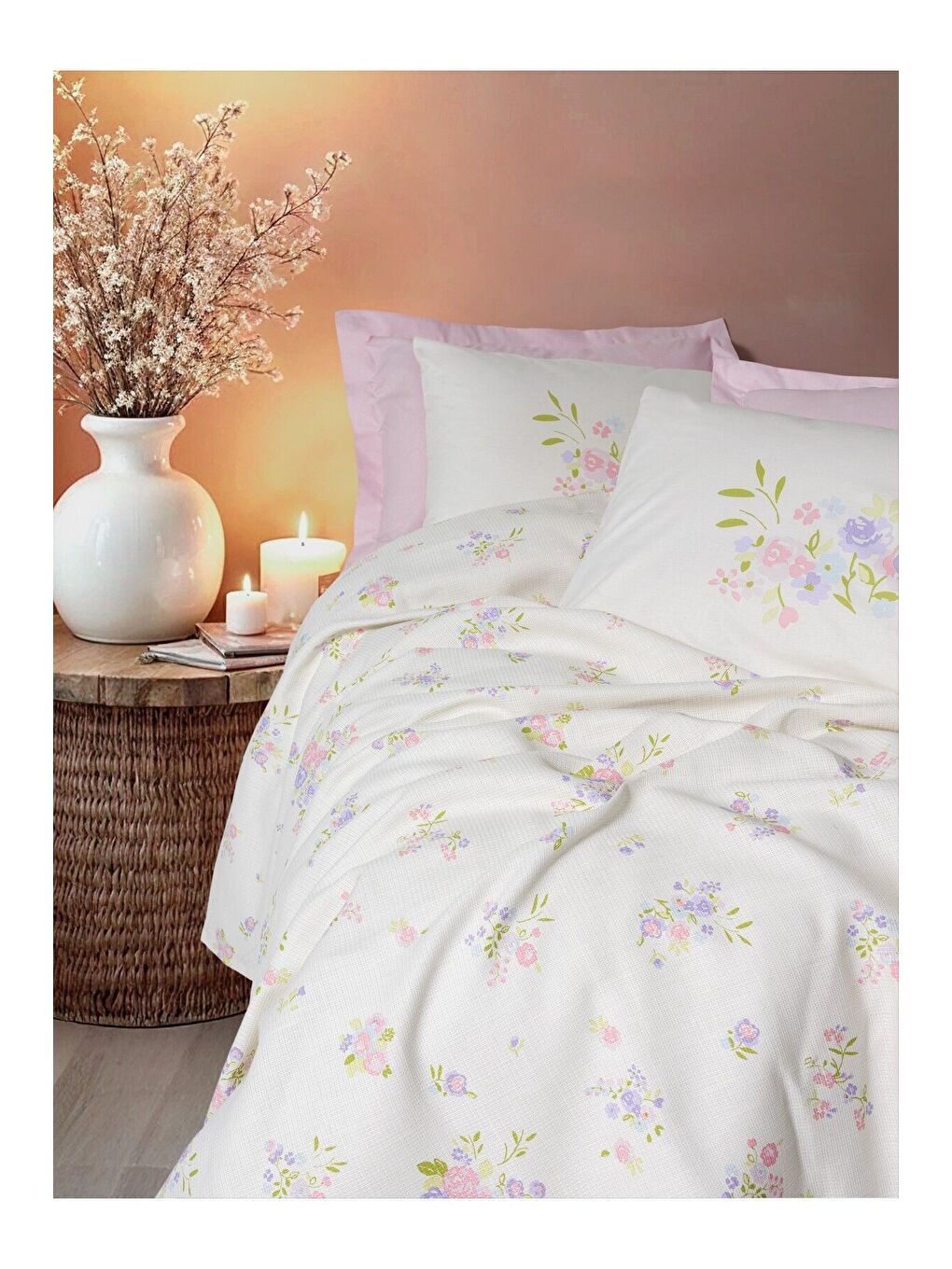 Karışık Pamuk Box Estiva Çift Kişilik Pike Takımı Petal Pembe-1