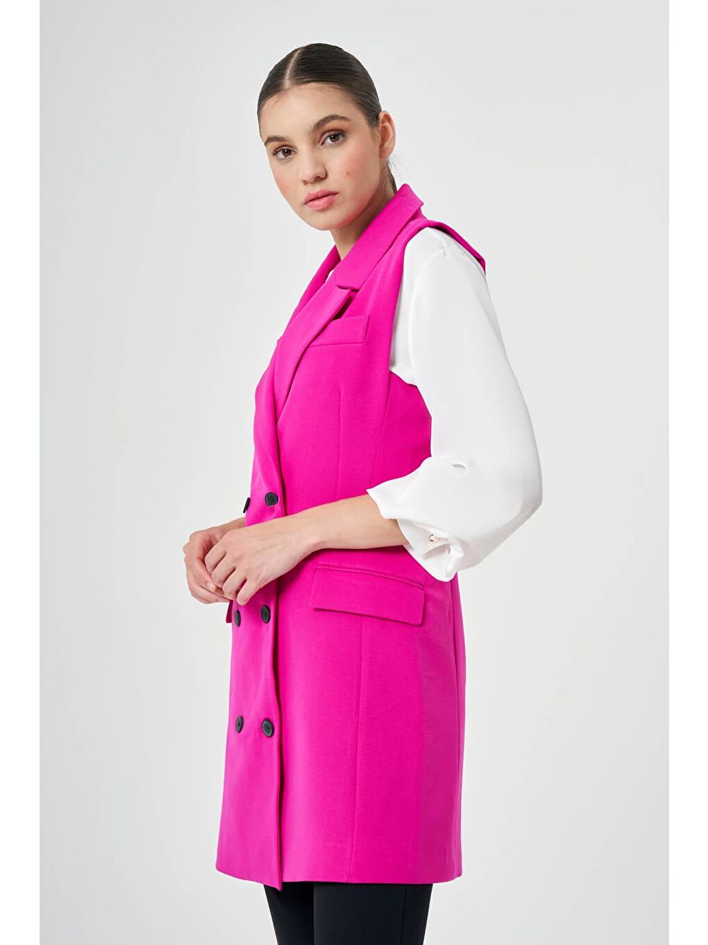 Kruvaze Uzun Fuşya Klasik Yelek-3