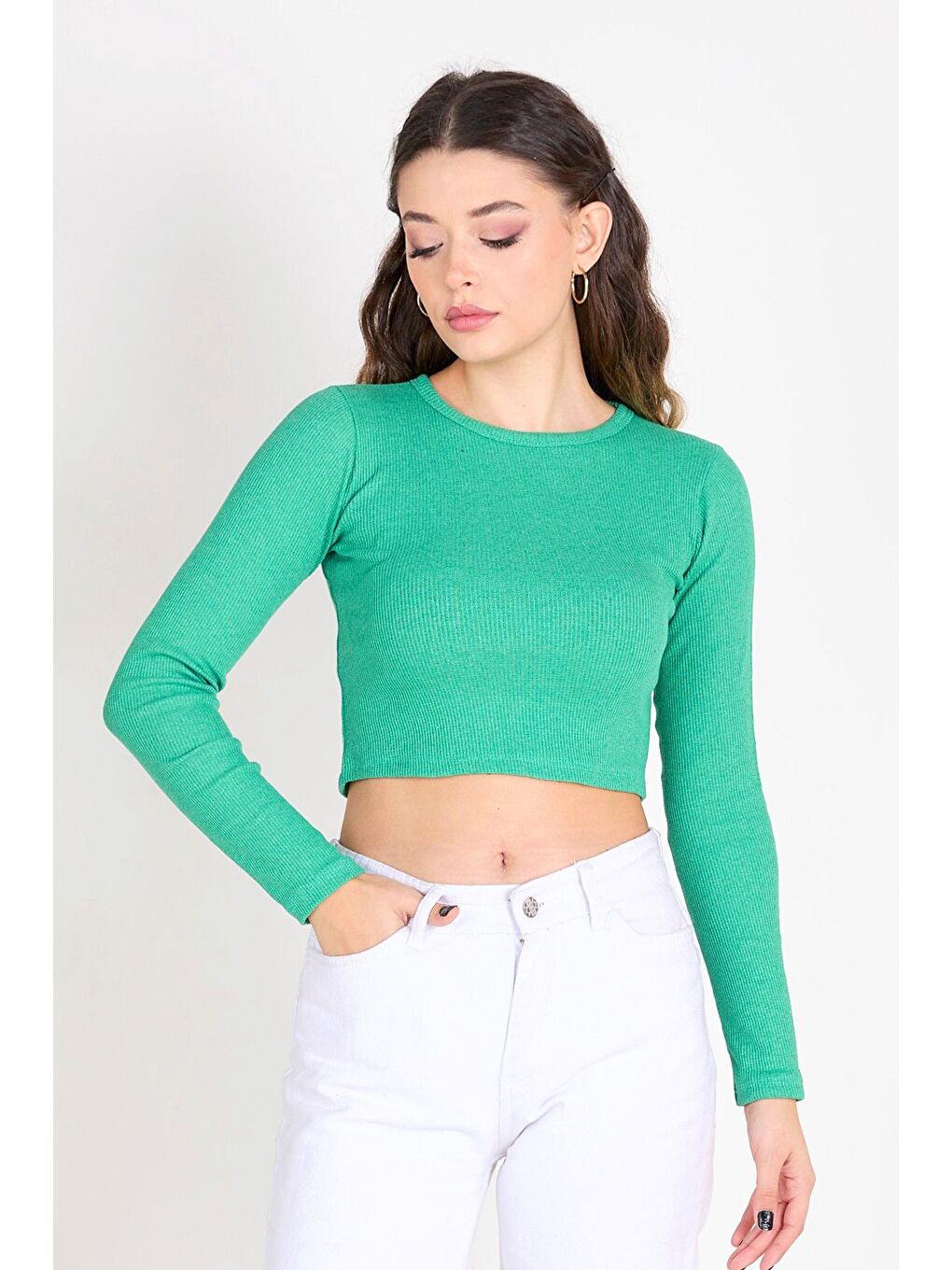 Bisiklet Yaka Kadın Yeşil Crop - 23391