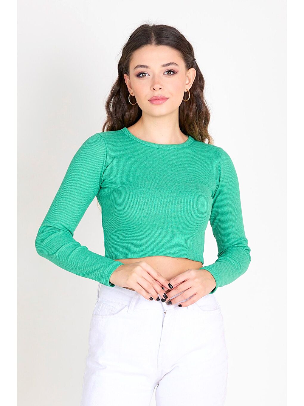 Bisiklet Yaka Kadın Yeşil Crop - 23391-1