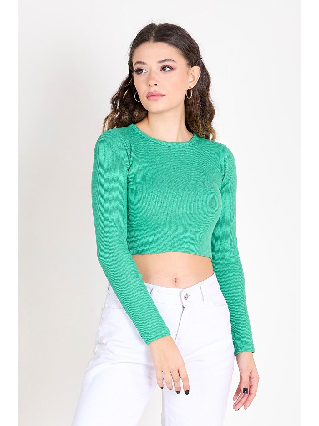 Bisiklet Yaka Kadın Yeşil Crop - 23391-2