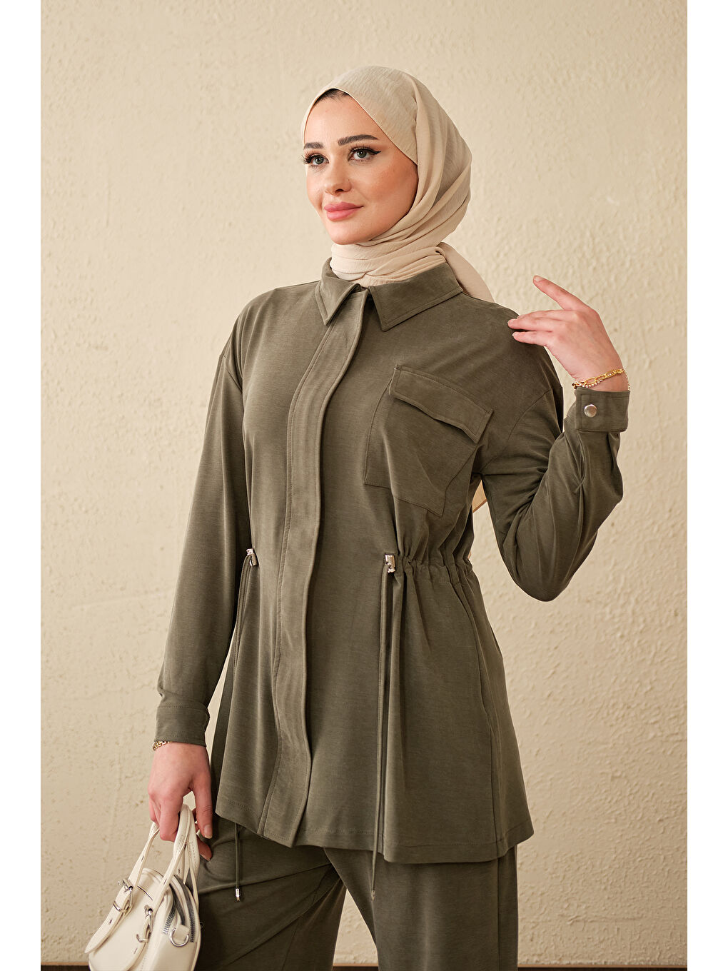 Kadın Beli Ayarlanabilir Tek Cepli Takım Haki Yeşil-1
