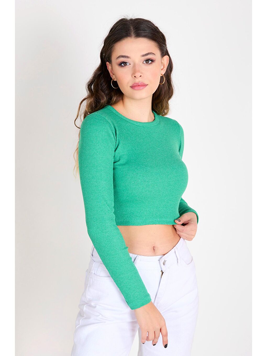 Bisiklet Yaka Kadın Yeşil Crop - 23391-3