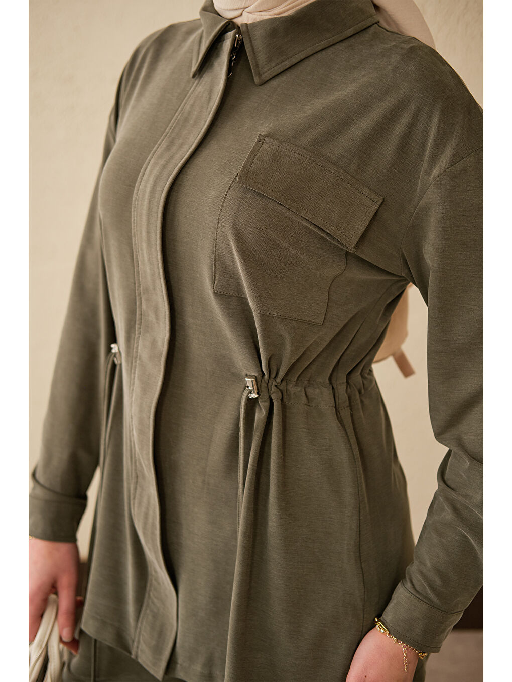 Kadın Beli Ayarlanabilir Tek Cepli Takım Haki Yeşil-3