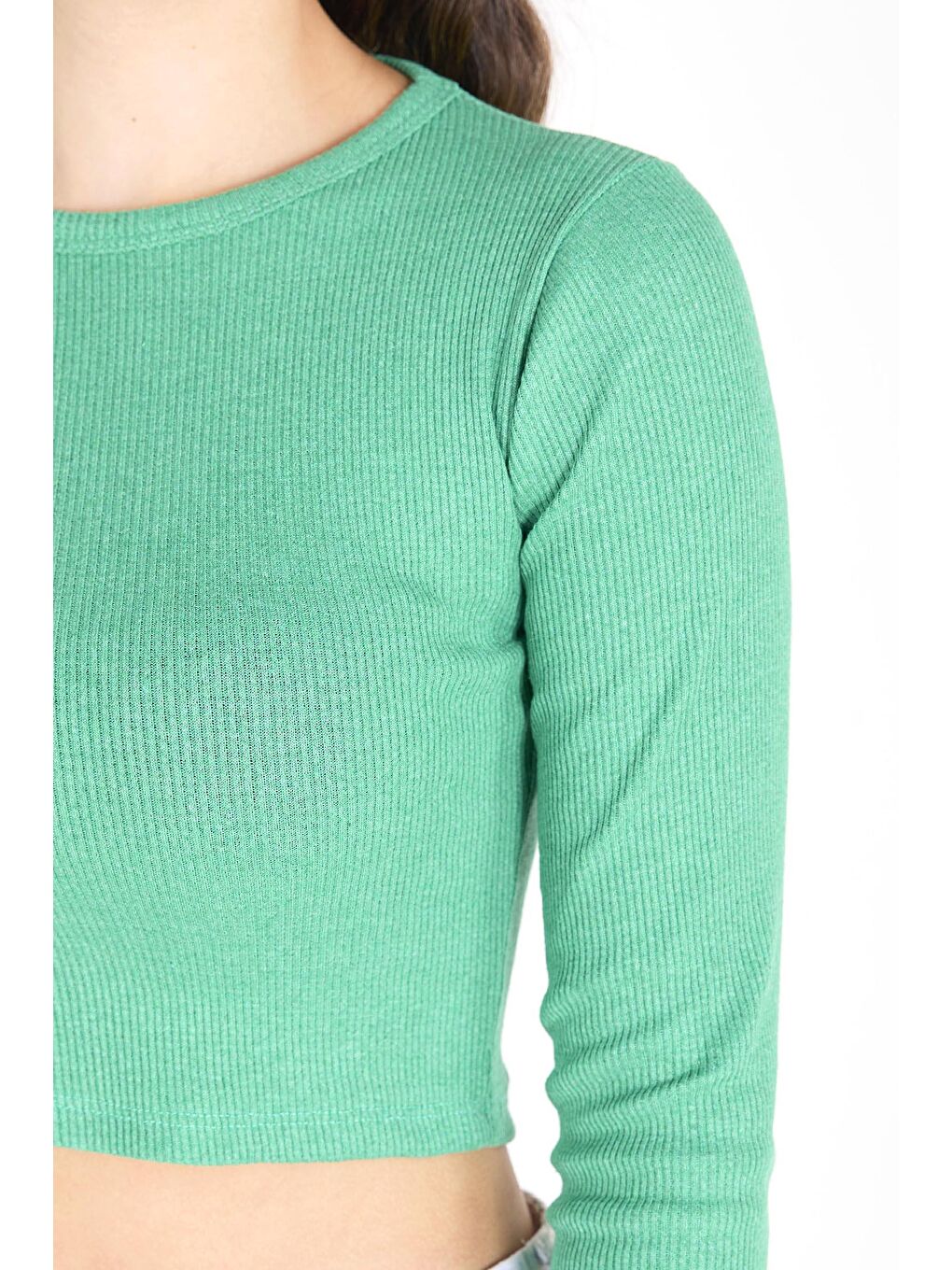 Bisiklet Yaka Kadın Yeşil Crop - 23391-4