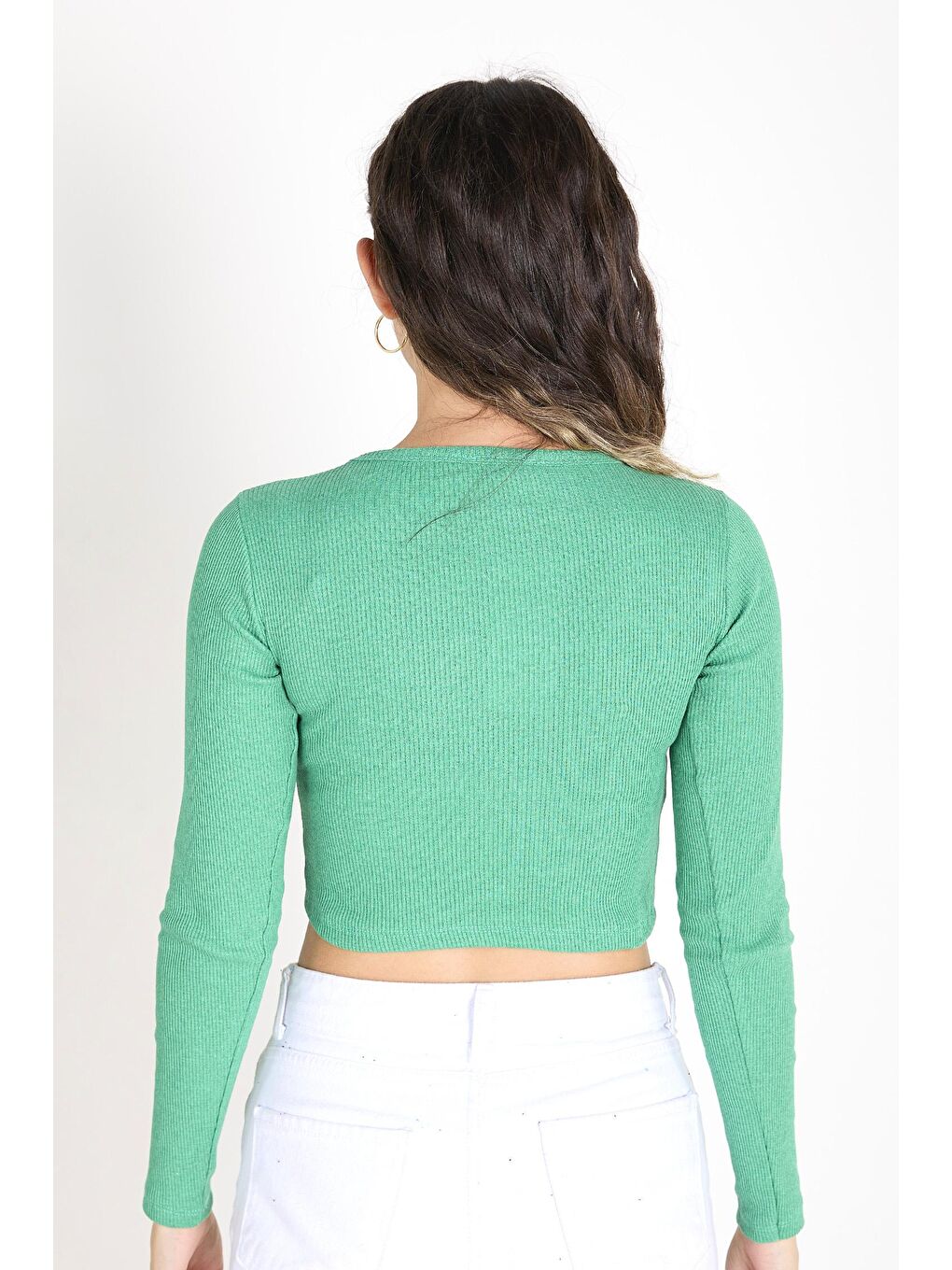 Bisiklet Yaka Kadın Yeşil Crop - 23391-5