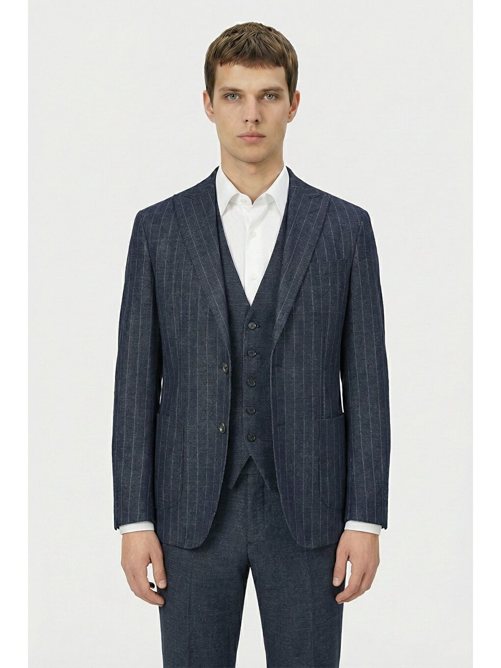 Giotelli Erkek Lacivert Roma Kalıp Çizgili Sivri Yaka 6 Drop Astarsız Standart Boy Ceket