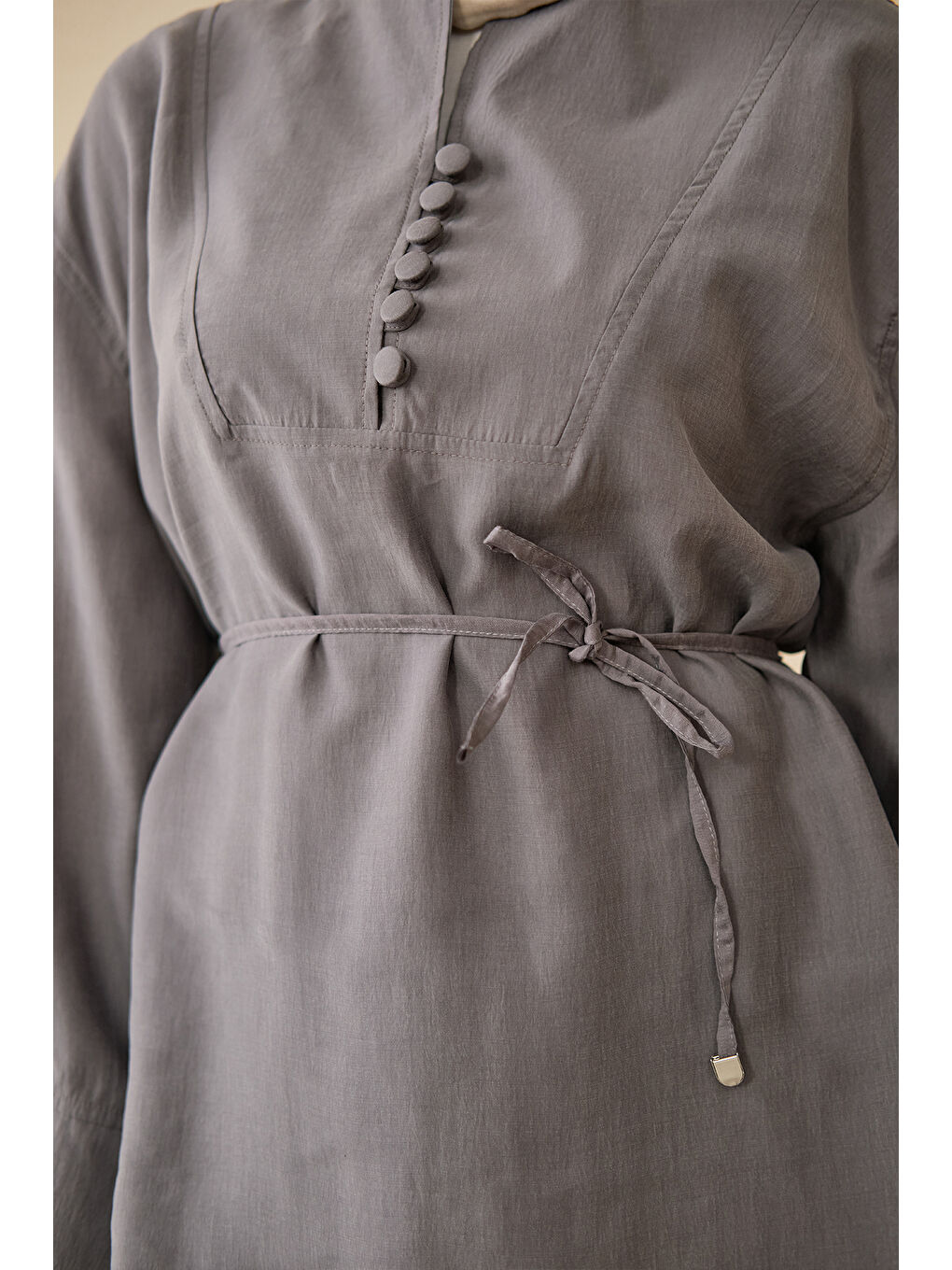 Kadın Önü Çoban Düğmeli Bel Bağlamalı Tunik Gri-3