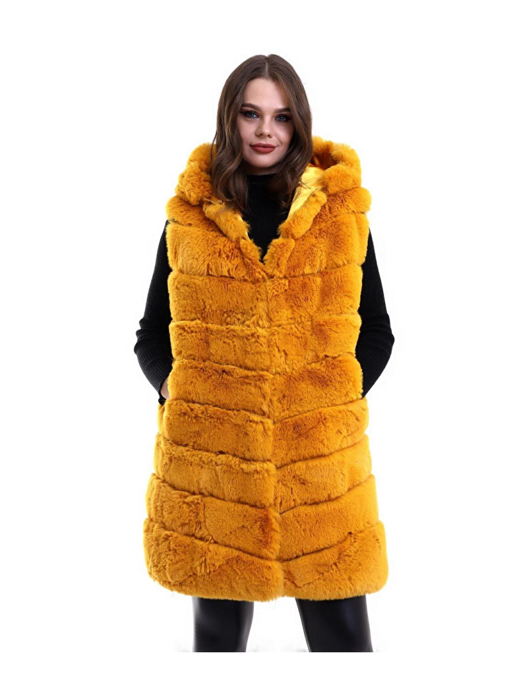 Kapüşonlu Pelüş Kürk Yelek Premium Kalite, Tam Astarlı, Uzun Model - Sarı-3