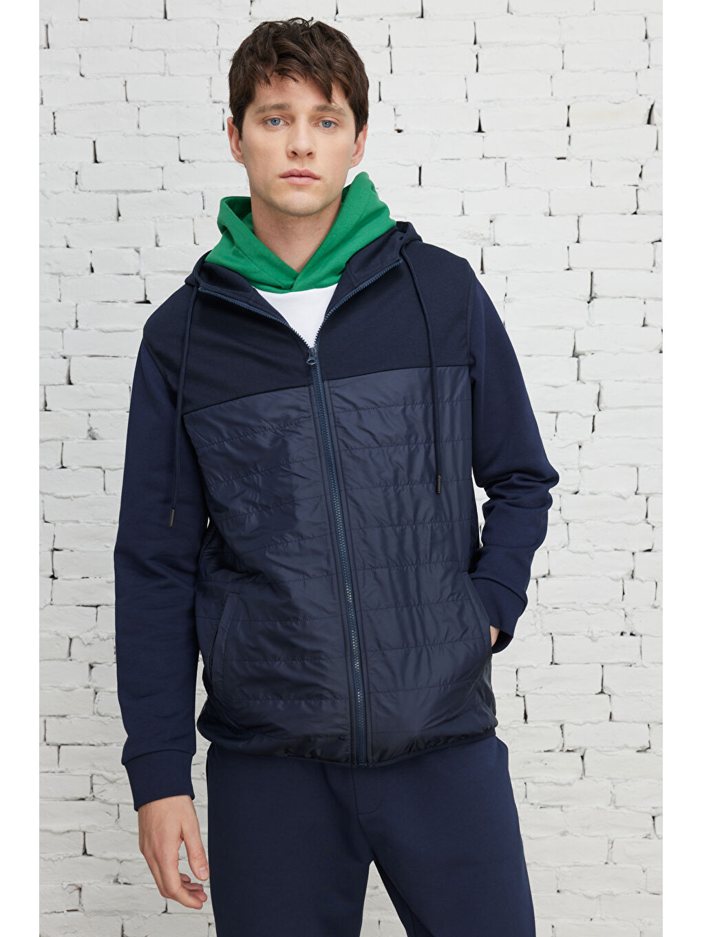 Erkek Lacivert Standart Fit Normal Kesim Kapüşonlu Pamuklu Sweatshirt Yelek