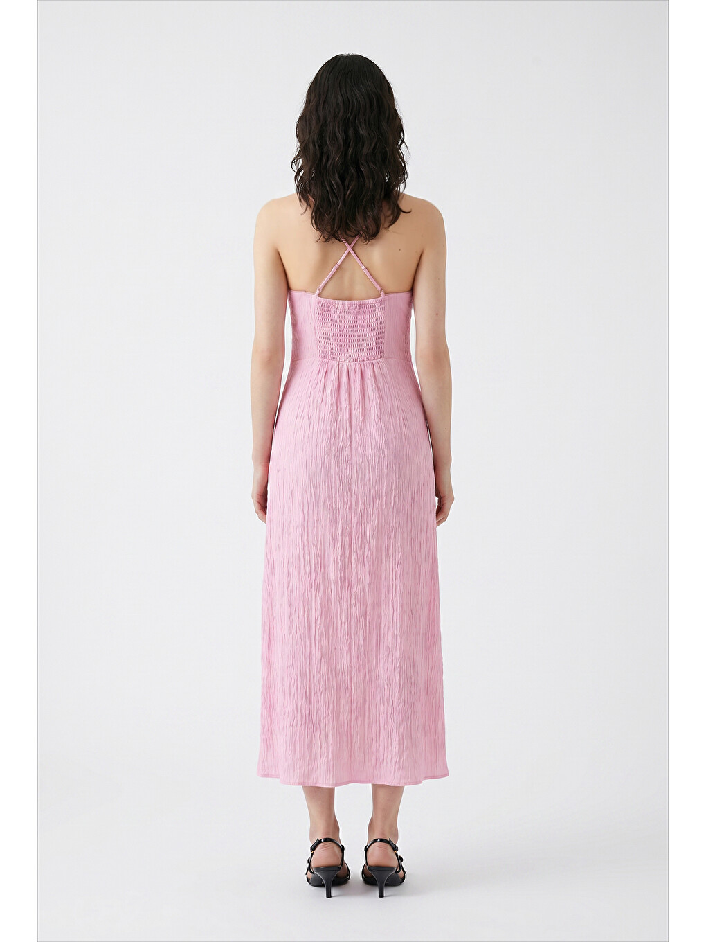 Askılı Ön Bağlamalı Yırtmaçlı Midi Elbise Pembe-4