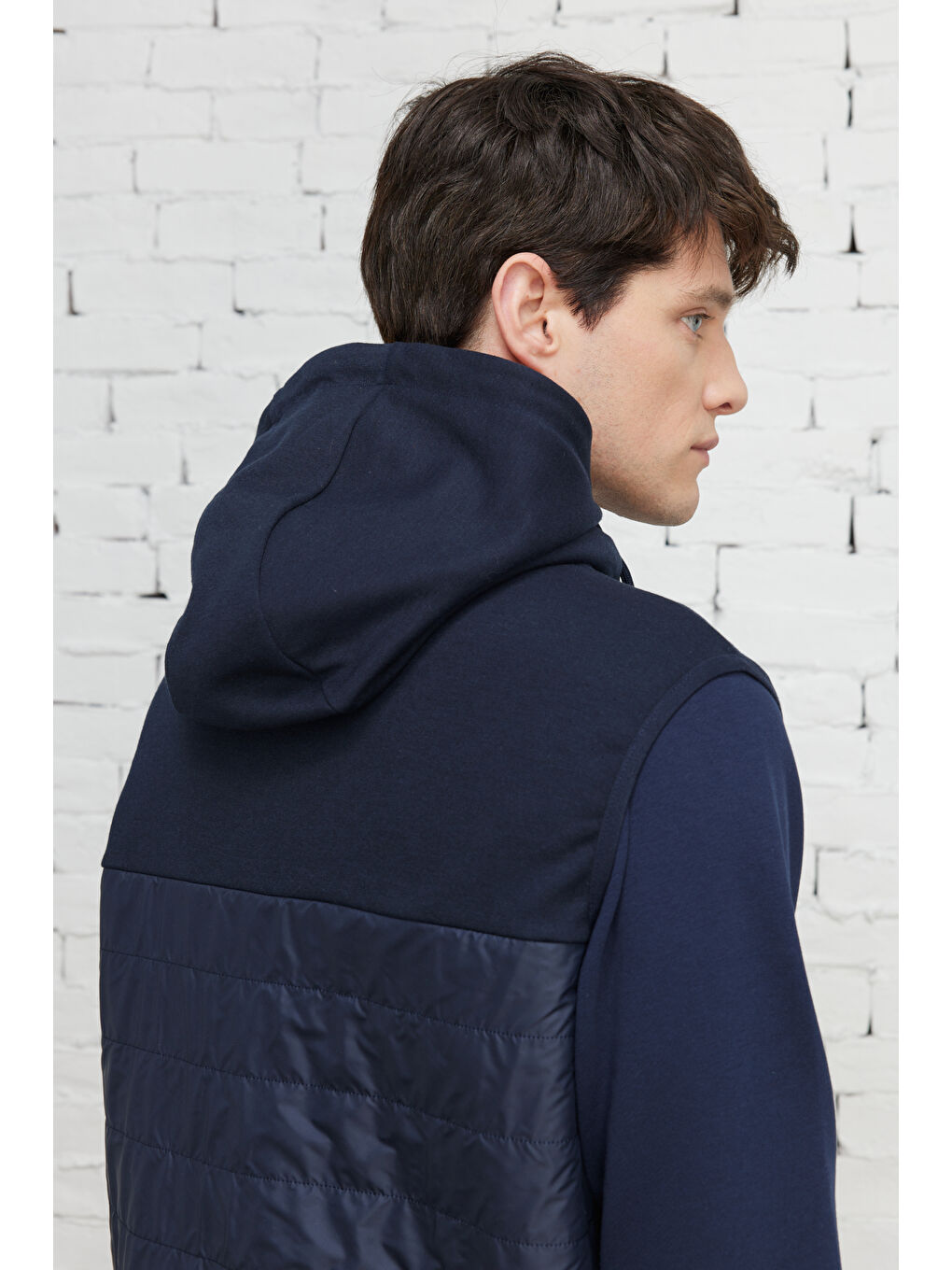 Erkek Lacivert Standart Fit Normal Kesim Kapüşonlu Pamuklu Sweatshirt Yelek-7