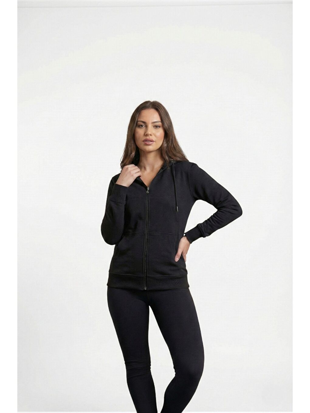 Siyah %100 Pamuk Kapüşonlu Fermuarlı Basic Kadın Hırka