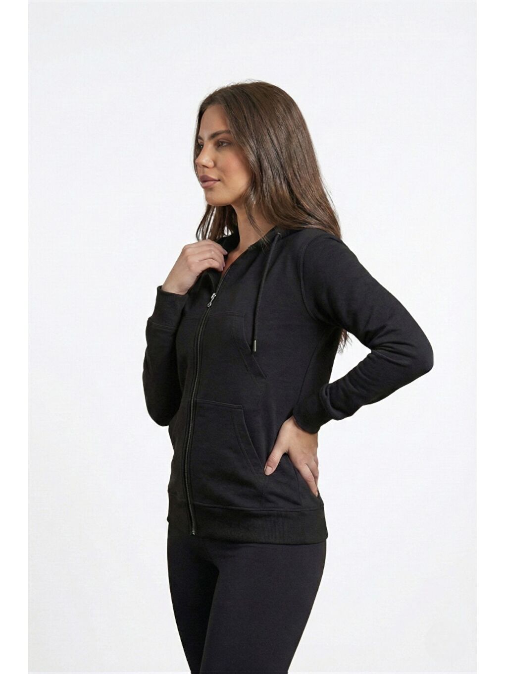 Siyah %100 Pamuk Kapüşonlu Fermuarlı Basic Kadın Hırka-1