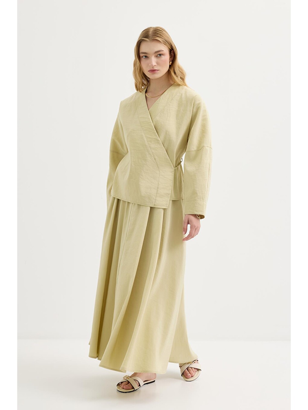 Bağlamalı Kimono Etek Takım Açık Yeşil-2