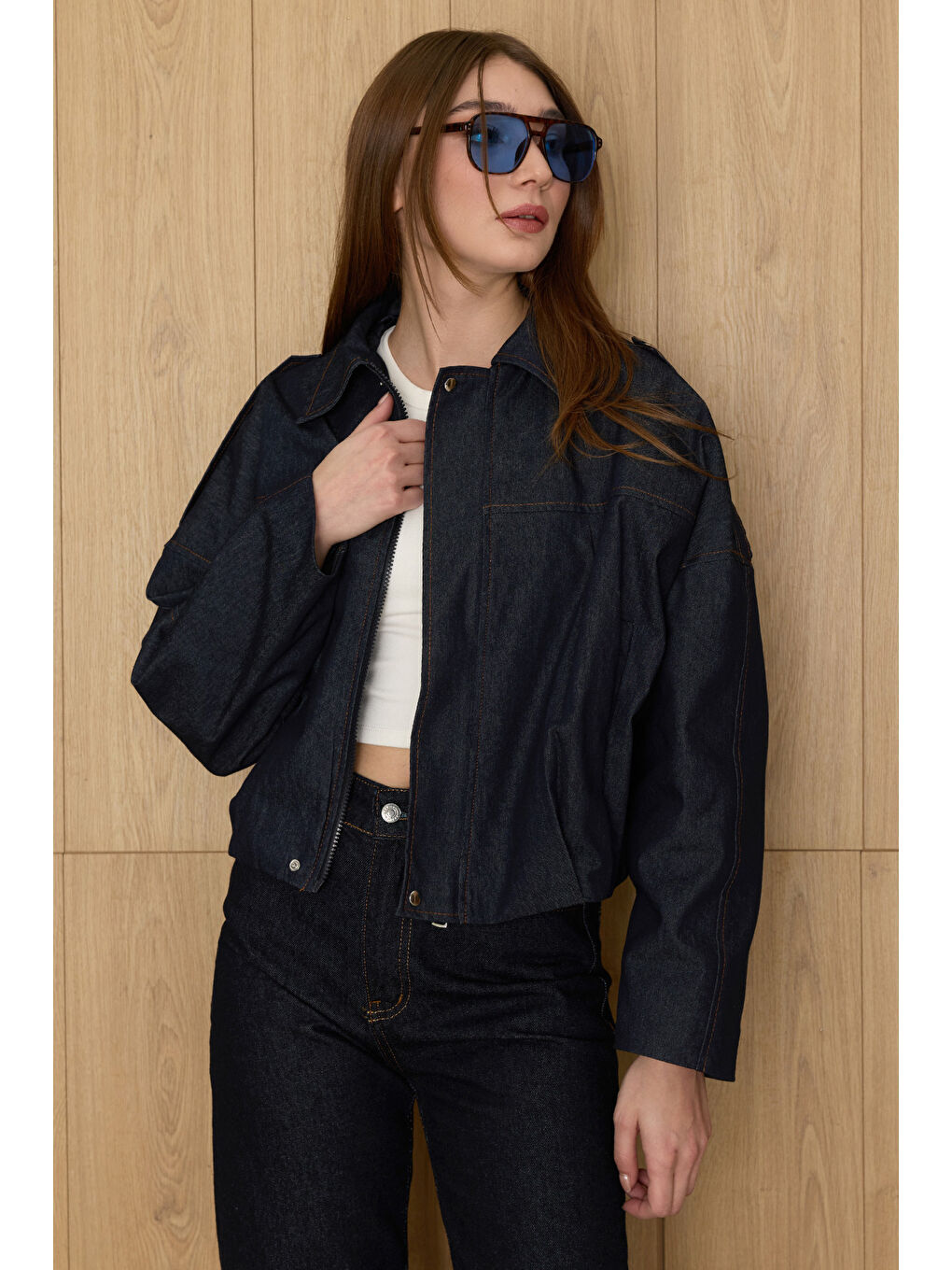 Lacivert Fermuarlı Oversize Jean Ceket