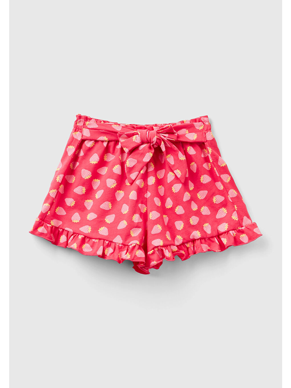 Kız Çocuk Fuşya Tamamı Desenli Beli Fiyonk Detaylı Fırfırlı Kloş Kesim Şort