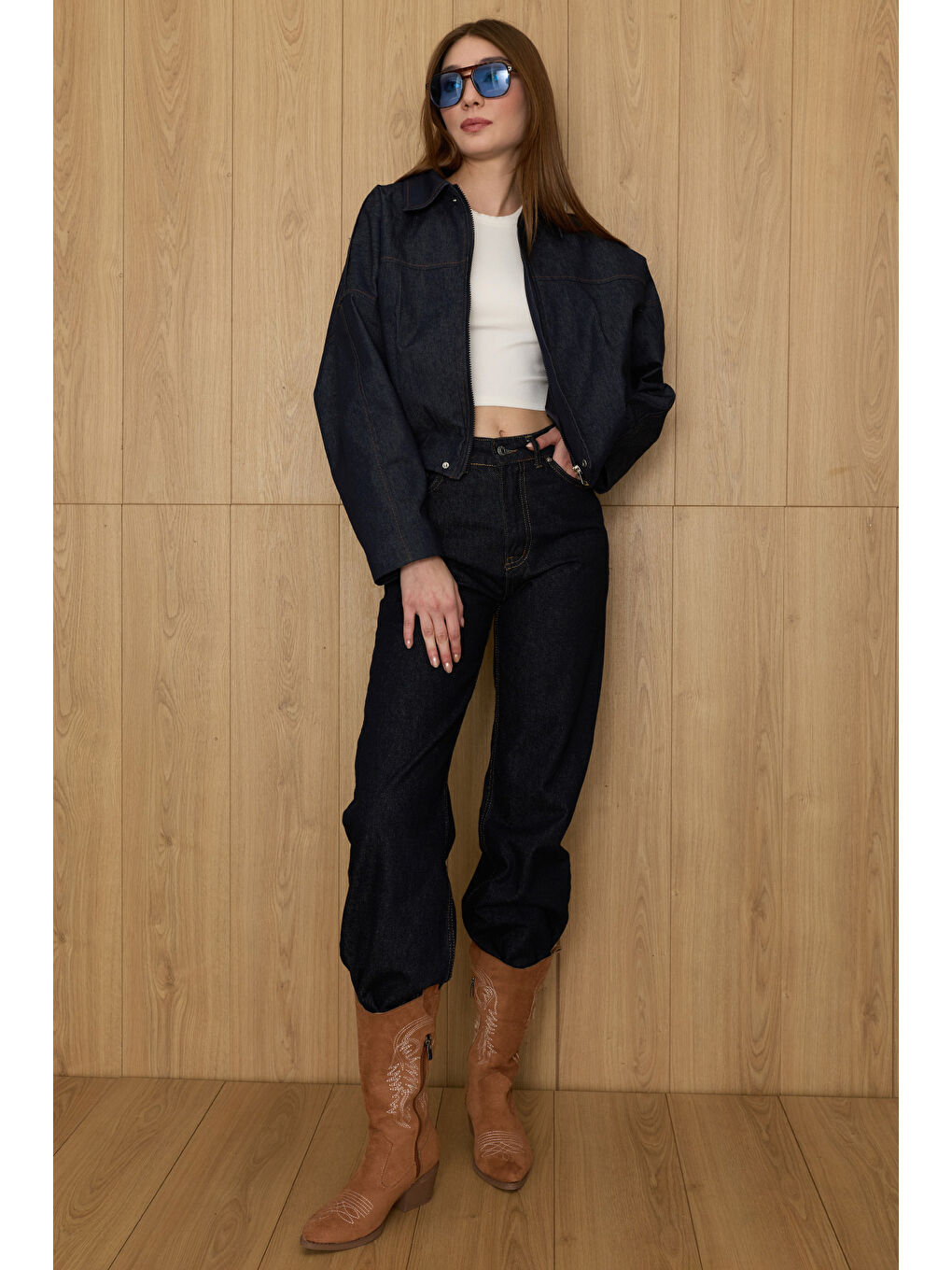 Lacivert Fermuarlı Oversize Jean Ceket-1