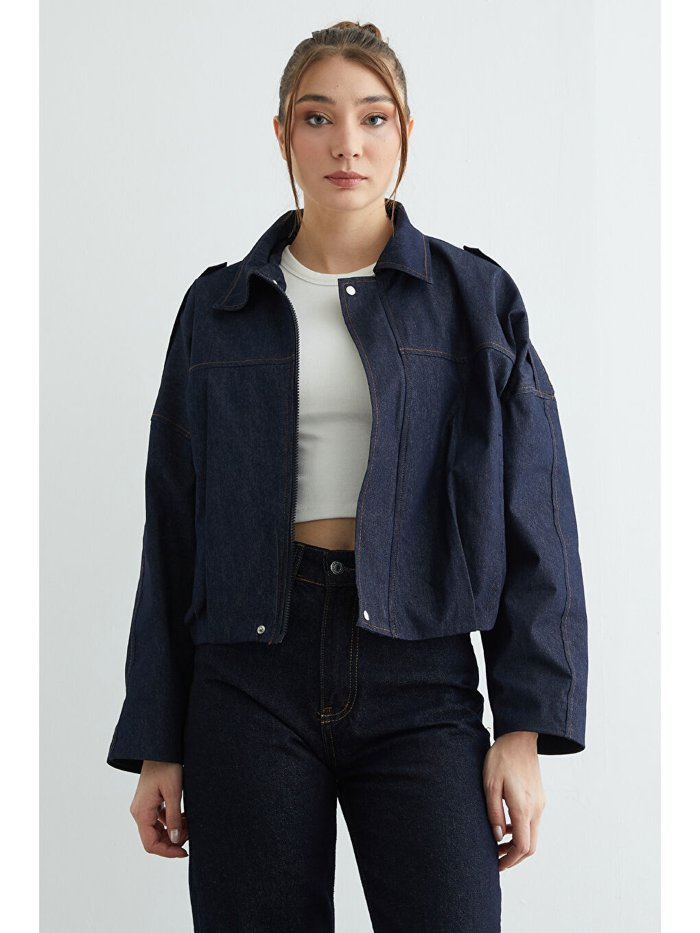 Lacivert Fermuarlı Oversize Jean Ceket-2