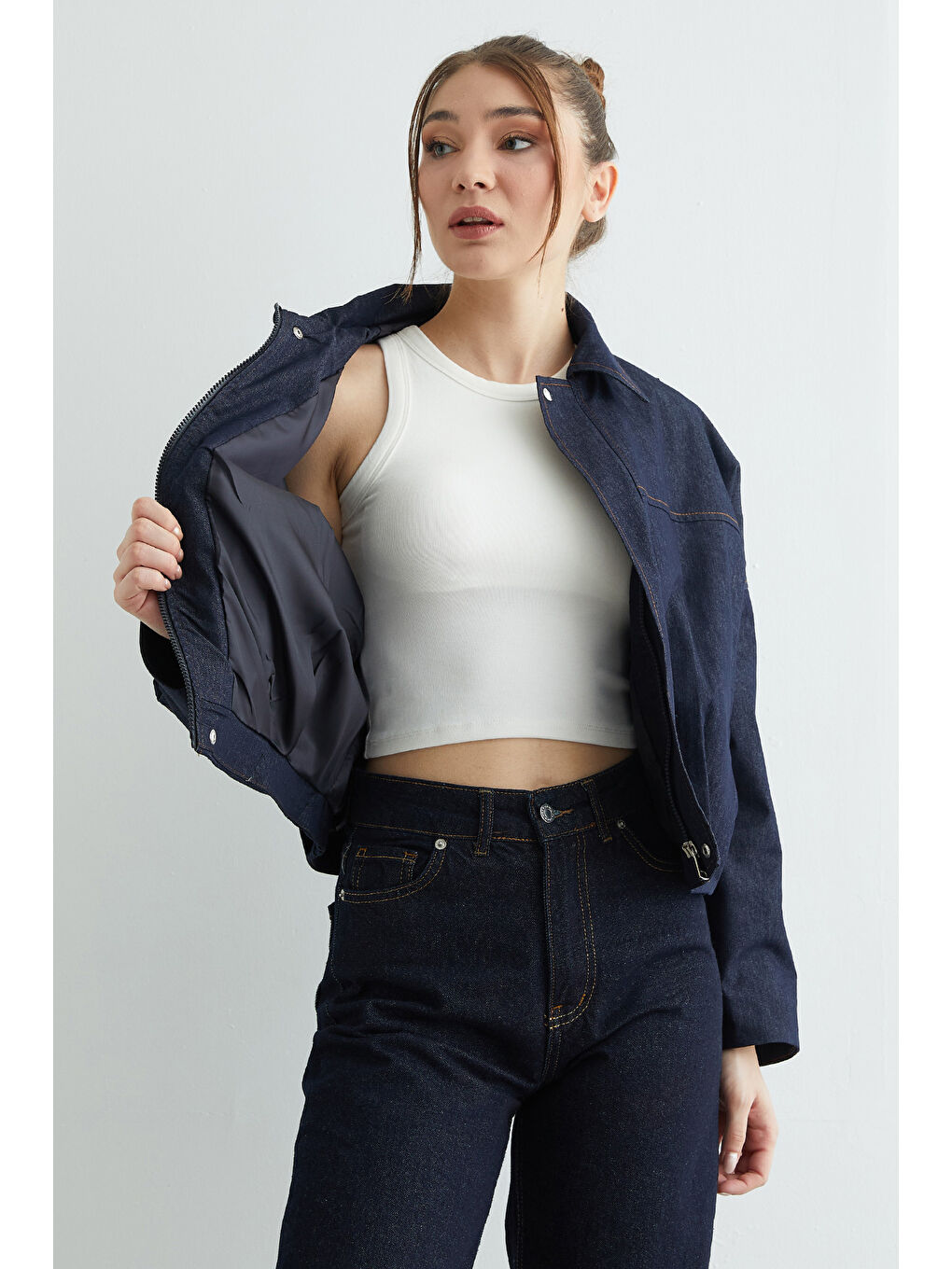 Lacivert Fermuarlı Oversize Jean Ceket-3