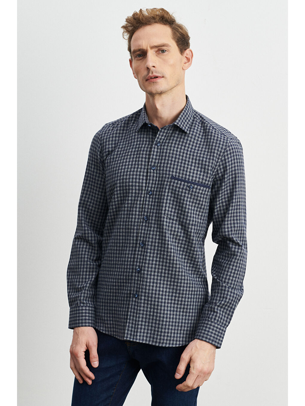 Erkek Lacivert-Gri Slim Fit Dar Kesim Klasik Yaka Pötikareli Flanel Oduncu Gömlek