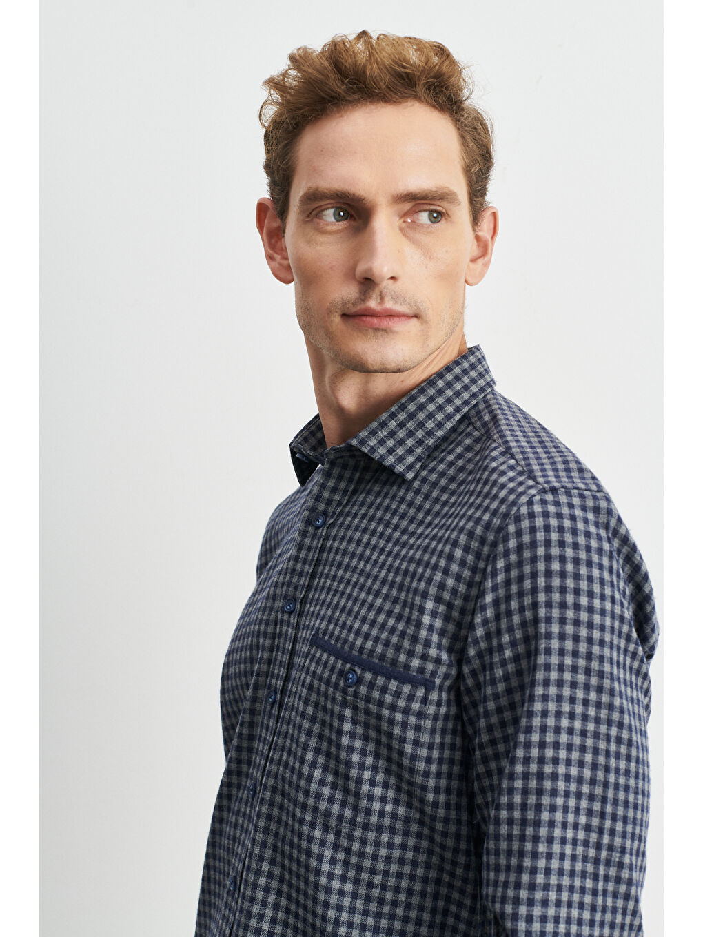 Erkek Lacivert-Gri Slim Fit Dar Kesim Klasik Yaka Pötikareli Flanel Oduncu Gömlek-2