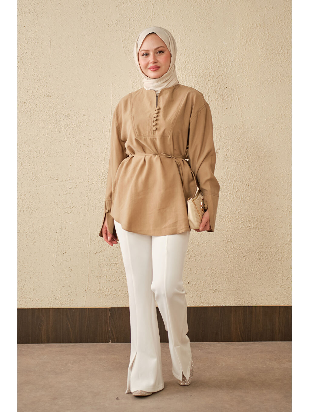 Bej Kadın Önü Çoban Düğmeli Bel Bağlamalı Tunik Vizon-2