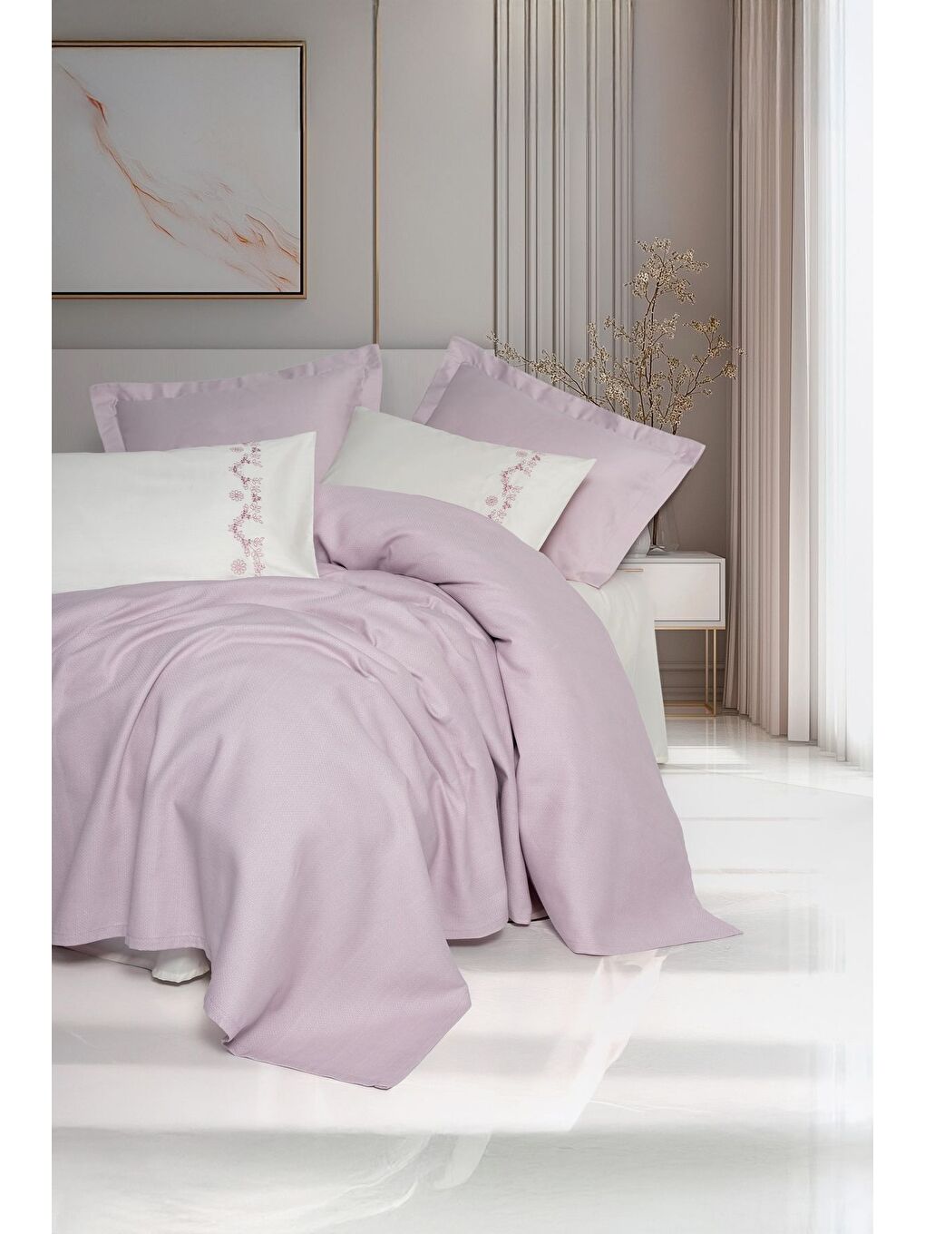 Karışık Pamuk Box Serenity Bambu Çift Kişilik Pike Takımı Vaila Lila