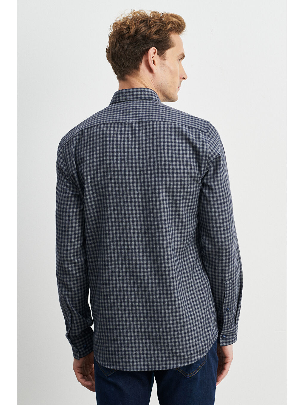 Erkek Lacivert-Gri Slim Fit Dar Kesim Klasik Yaka Pötikareli Flanel Oduncu Gömlek-3