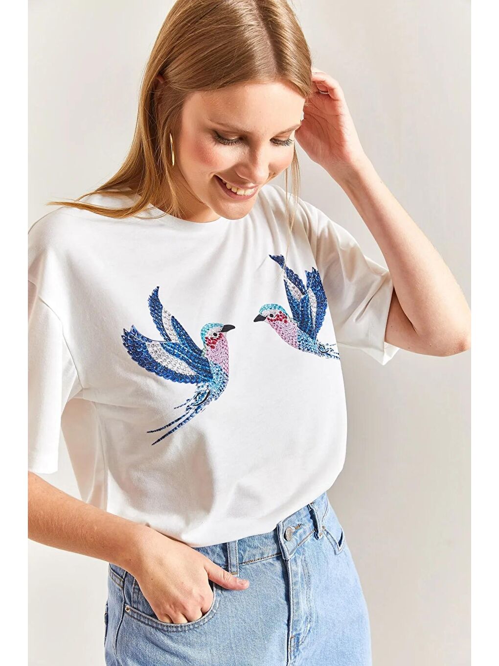 Beyaz Kuş Desenli Penye T-shirt-1