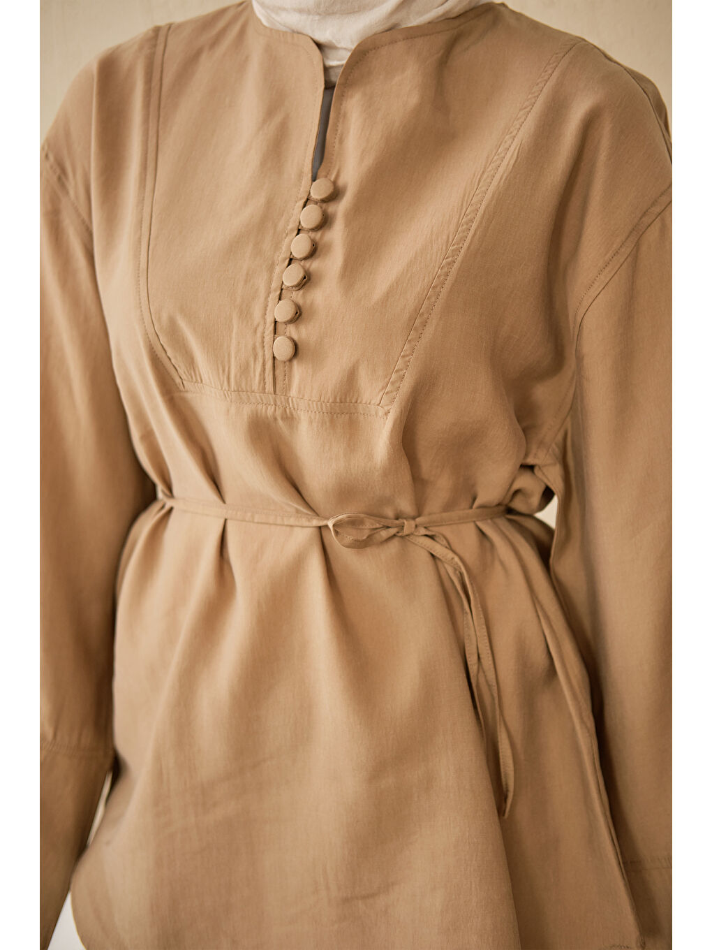 Bej Kadın Önü Çoban Düğmeli Bel Bağlamalı Tunik Vizon-3