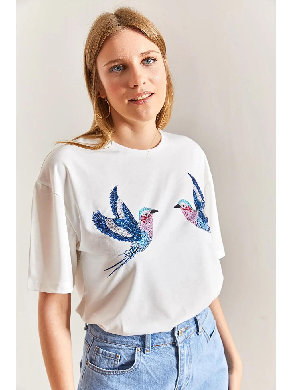 Beyaz Kuş Desenli Penye T-shirt-2