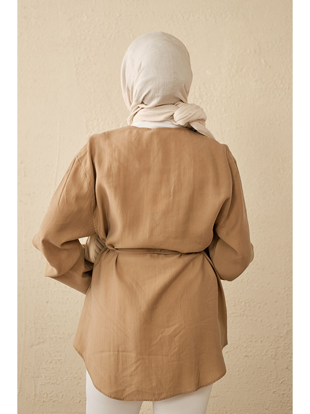 Bej Kadın Önü Çoban Düğmeli Bel Bağlamalı Tunik Vizon-4