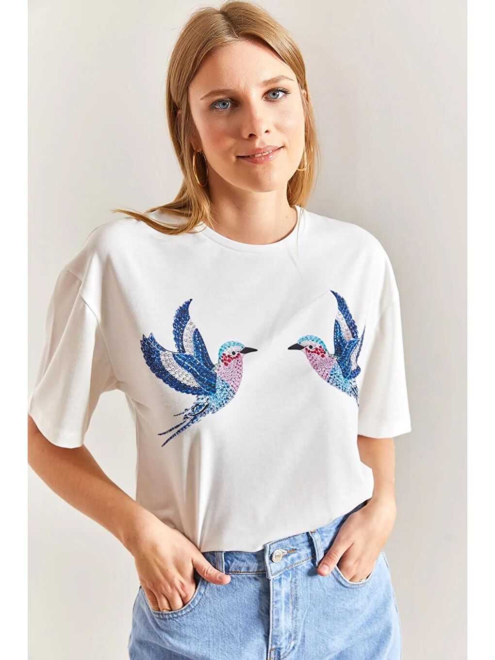 Beyaz Kuş Desenli Penye T-shirt-3