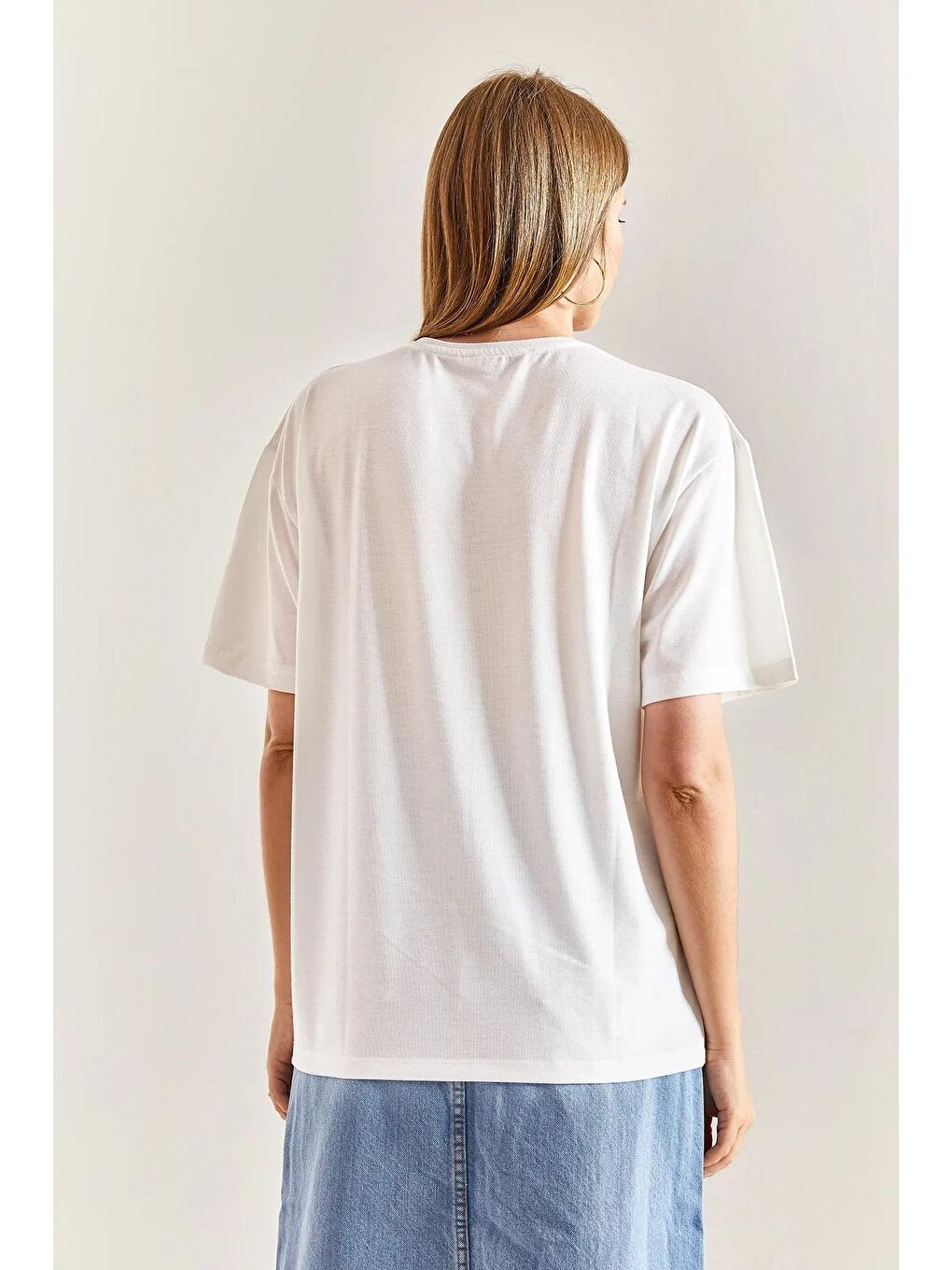 Beyaz Kuş Desenli Penye T-shirt-4