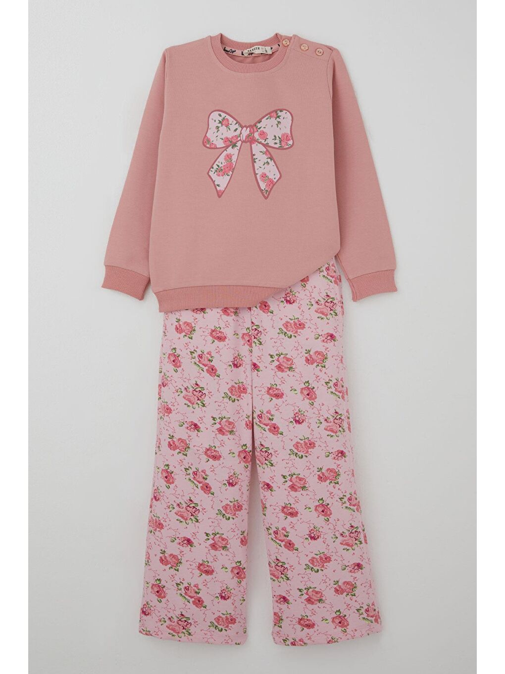Pembe Kız Çocuk Eşofman Takımı Fiyonk Baskılı Pantolonu Çiçek Desenli Gülkurusu (1.5-5 Yaş)