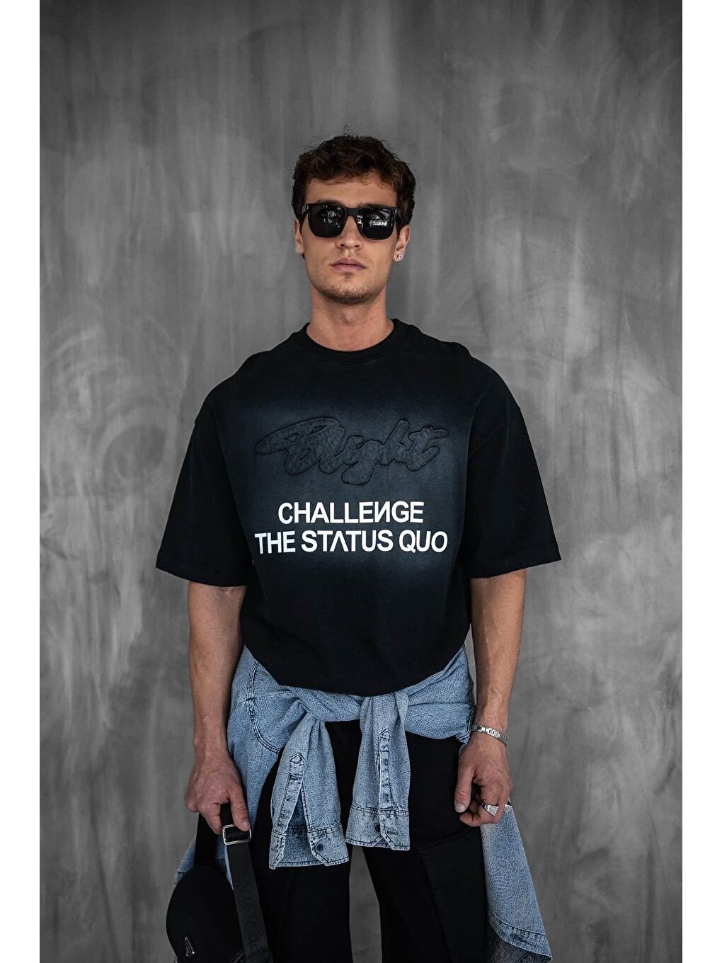 Erkek Oversize Baskılı Yıkamalı T-Shirt Siyah-2