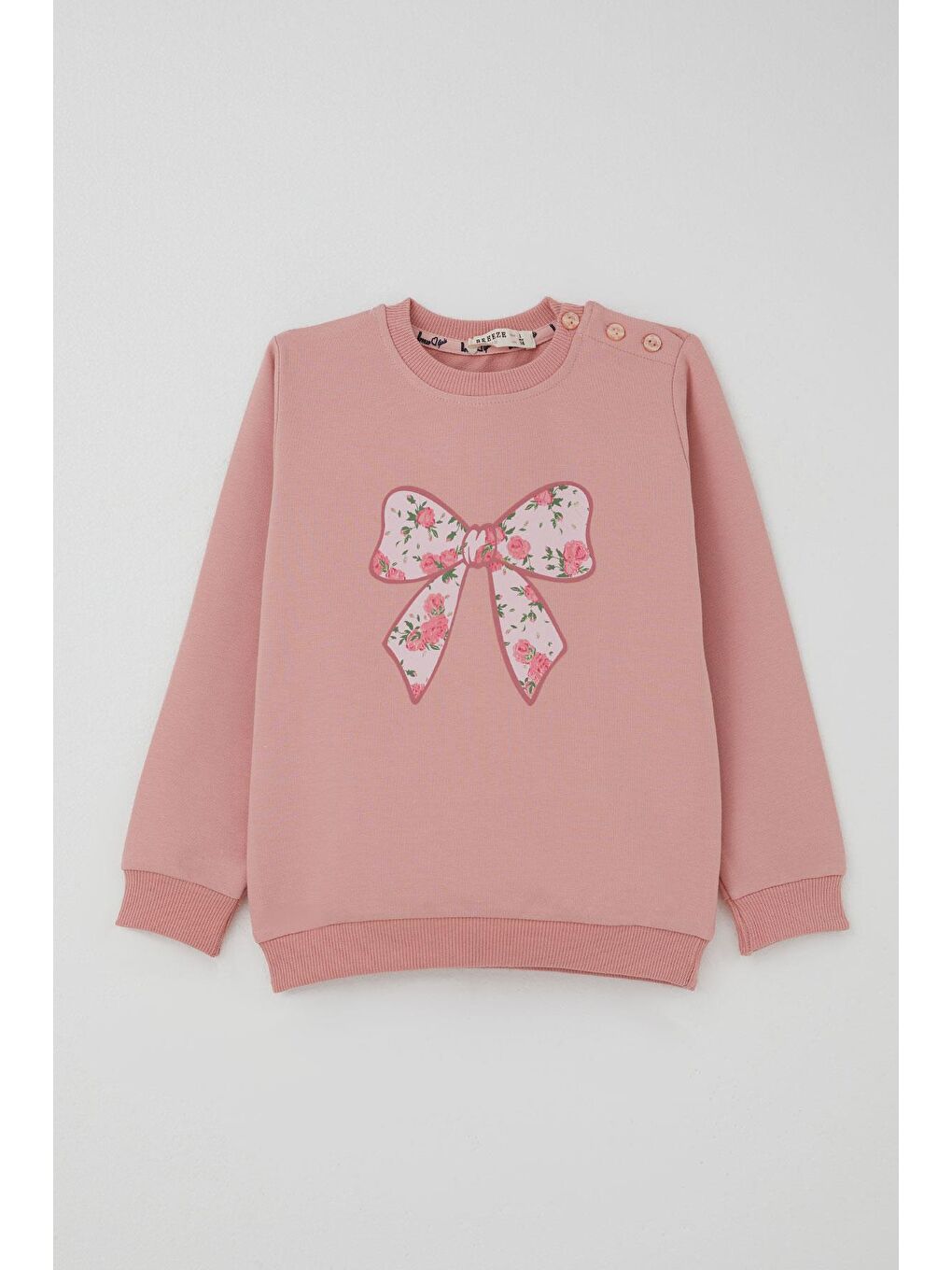 Pembe Kız Çocuk Eşofman Takımı Fiyonk Baskılı Pantolonu Çiçek Desenli Gülkurusu (1.5-5 Yaş)-1