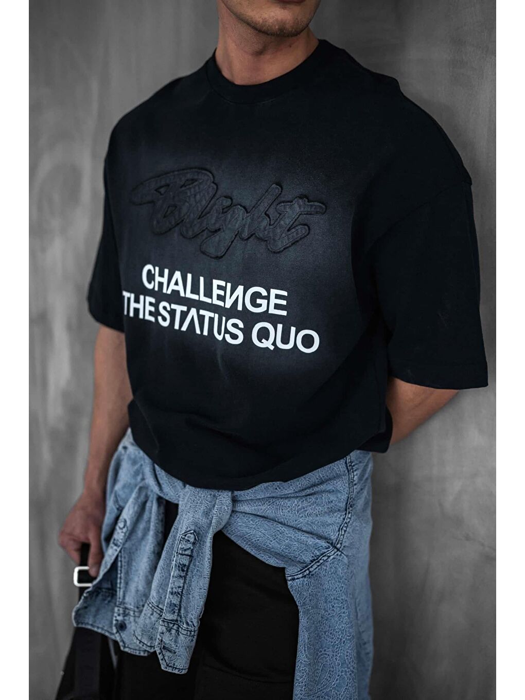 Erkek Oversize Baskılı Yıkamalı T-Shirt Siyah-3