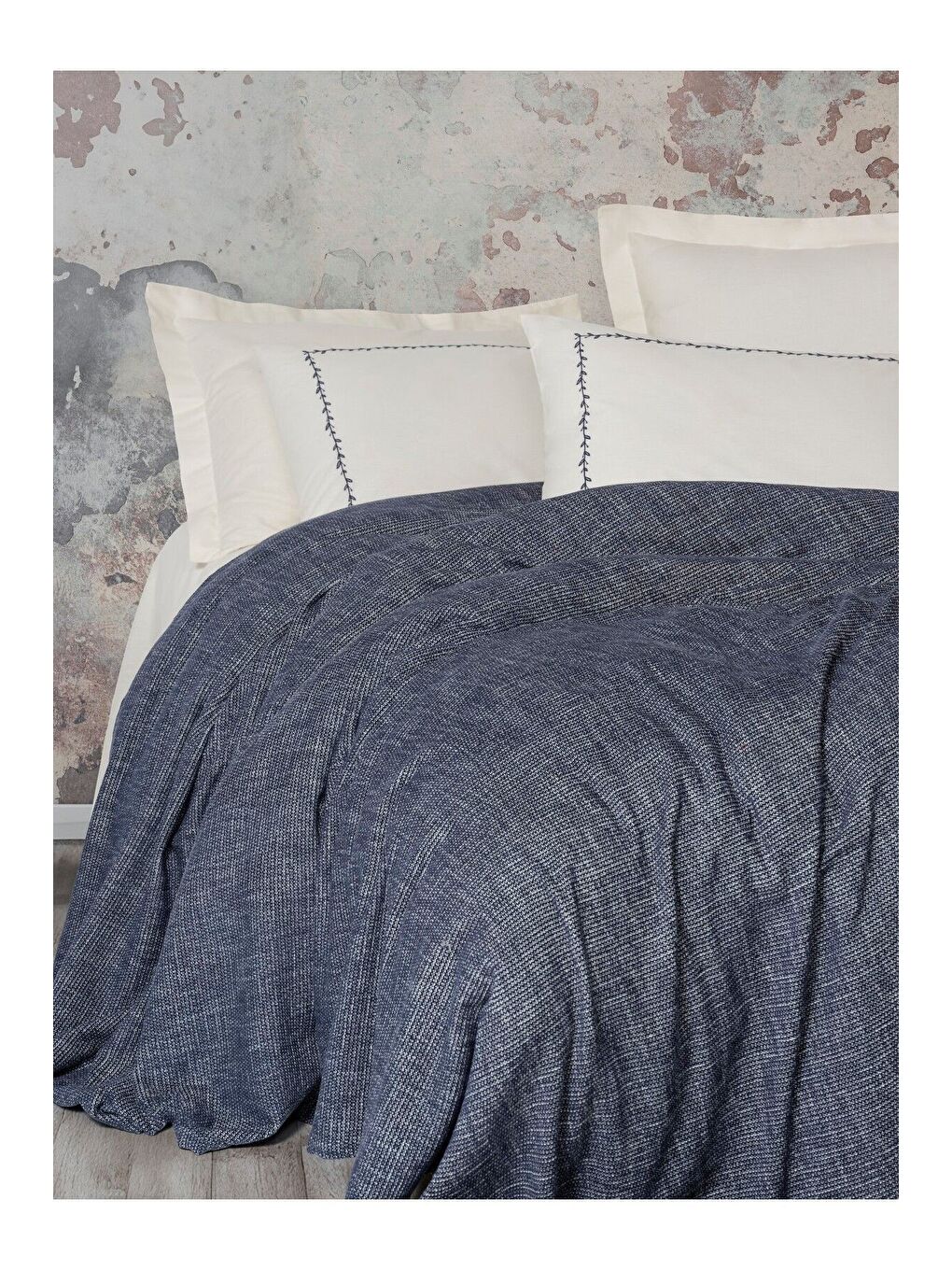 Karışık Pamuk Box Embrova Çift Kişilik Pike Takımı Şönil Loom Lacivert-1