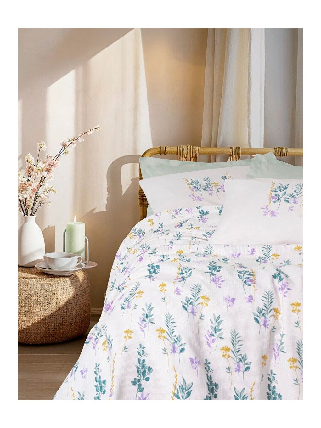 Karışık Pamuk Box Estiva Çift Kişilik Pike Takımı Twig Mint-1