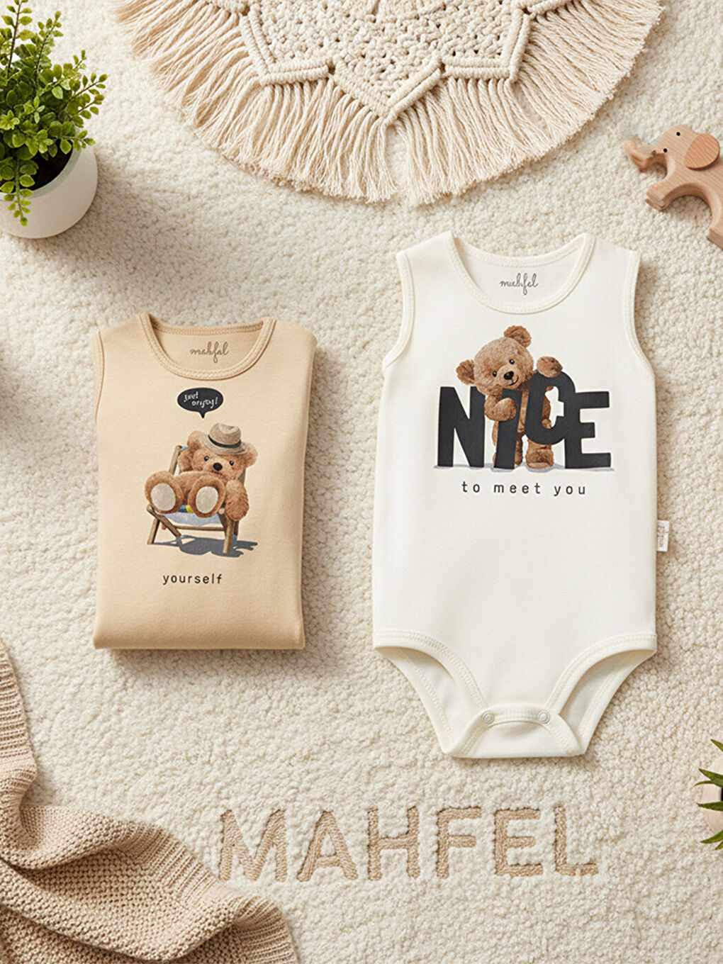 Ekru 2'Li Atlet %100 Pamuklu Çıtçıtlı Bebek Body Zıbın 24-40-2