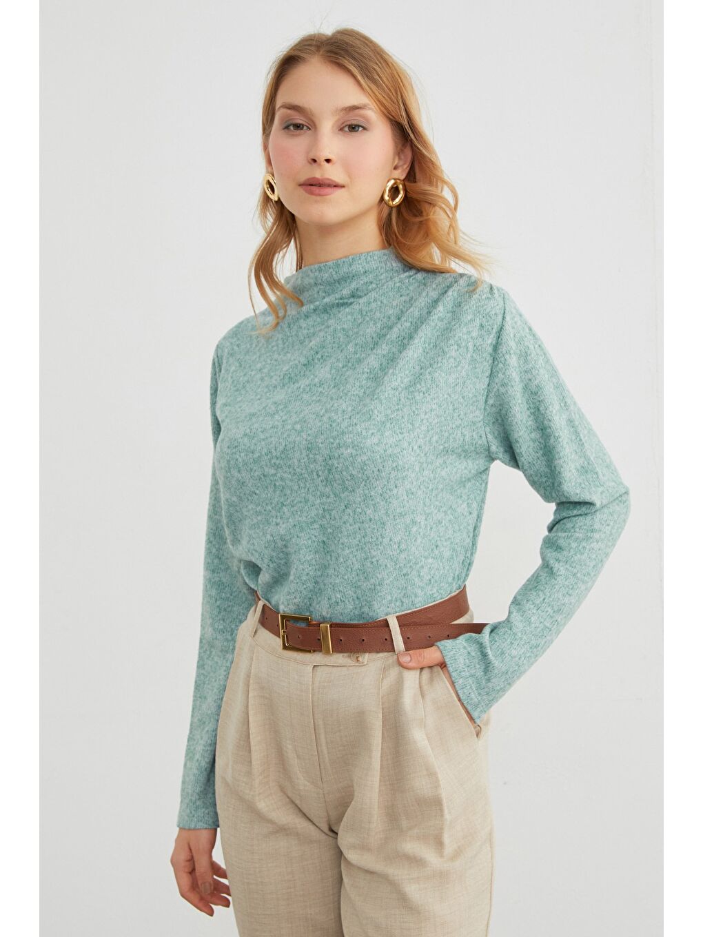 Yeşil Yanı Drapeli Dik Yaka Triko Bluz-1