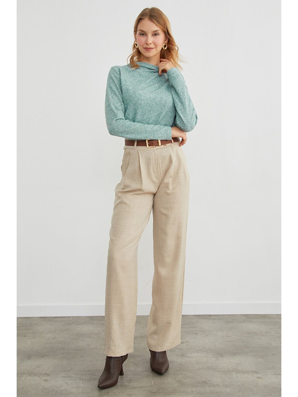 Yeşil Yanı Drapeli Dik Yaka Triko Bluz-2